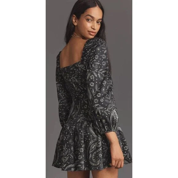 Anthropologie Maeve Long Sleeve Square Neck Drop Waist Mini Dress Black Sz Md - Picture 2 of 8